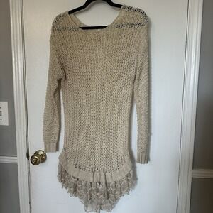 Crochet Knit Beige Long Sleeve Boho Cottagecore  Tunic Top Lace Trim Size S